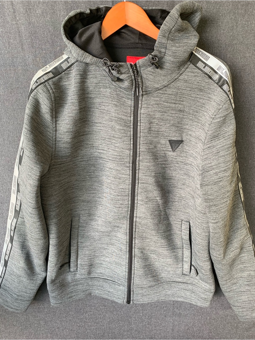 Guess Gray Hooded Zip-Up Sweatshirt Jacket Branded Sleeve Tape Adult Medium - Picture 1 of 7